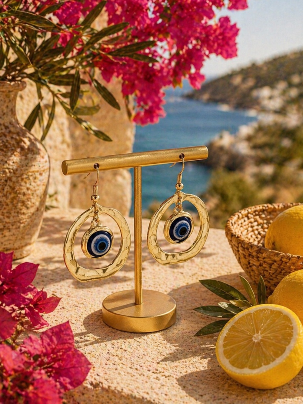 Gold Hoop Earrings with Blue Evil Eye Center